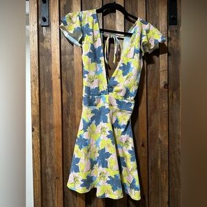 Mapale Floral V-Neck Dress with Ruffle Sleeves